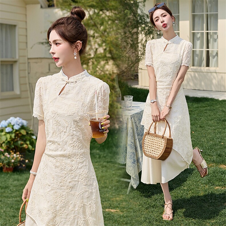 2025夏季新品！新中式复古拼接刺绣连衣裙,女装连衣裙,自然秀