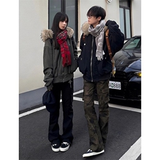 现货重磅boxy短款棉衣座山雕大毛毛领男女棉服水洗工装厚外套，男装棉衣，电商A486-1