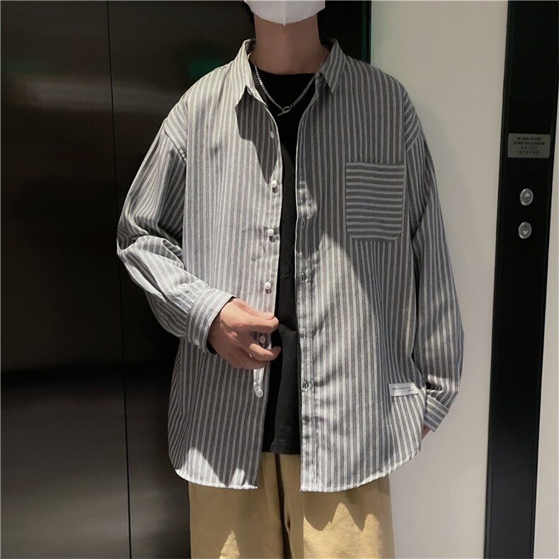 港风休闲条纹长袖衬衫男潮流帅气A338-1C090P50货足，男装衬衫，电商D325