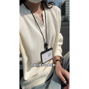 肌理感t恤男生秋冬校园风V领设计感长袖上衣cleanfit纯色简约体恤图片