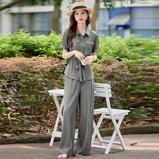 时尚休闲微胖套装女夏装2025新款收腰上衣40减龄遮肉阔腿裤两件套，女装套装/套裙，涵墨