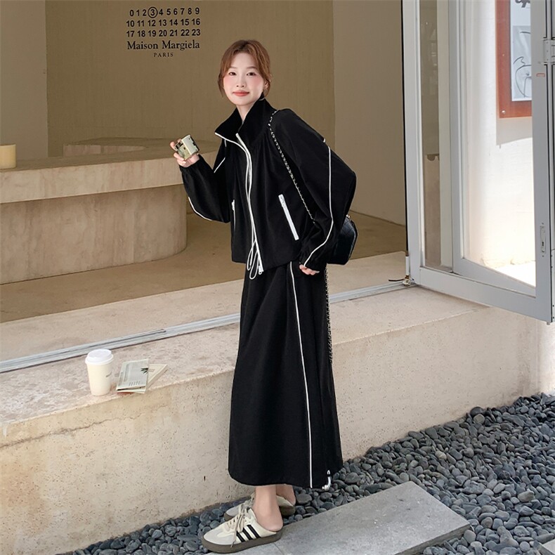 休闲减龄穿搭黑色上衣套装女春秋2025年超火好看慵懒半身裙两件套,女装套装/套裙,2C108