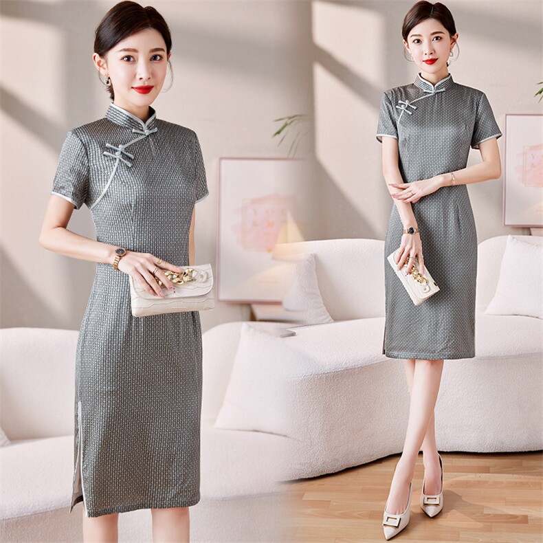 2023年夏季新款时尚气质中长款印花专柜品质短袖真丝旗袍，女装汉服/婚纱/旗袍/礼服，媚琳依坊
