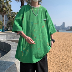 T10-P38美式复古水洗泼墨烫金纯棉五分袖，男装T恤，星座1501-1