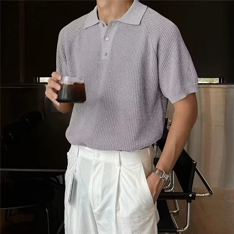 大码男装高级感蜂窝纹插肩袖翻领短袖t恤男夏季亚麻针织上衣,男装T恤,星座506A