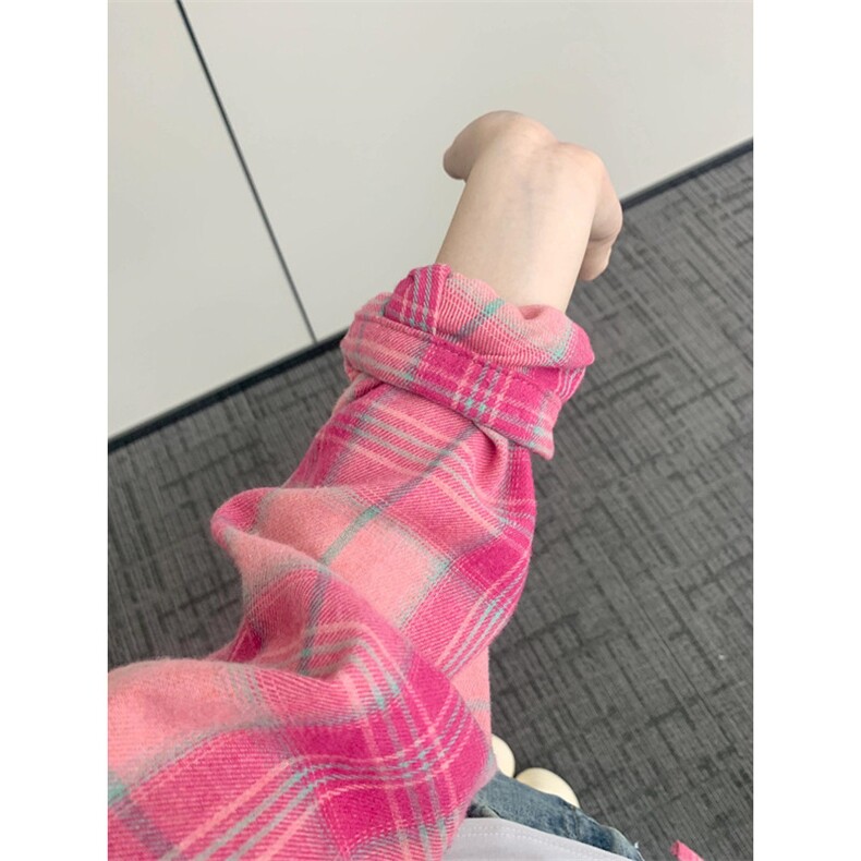 粉色格子衬衫男破坏长袖衬衣美式复古青少年高街外套CS001,男装衬衫,星座1116A（原606A-3）