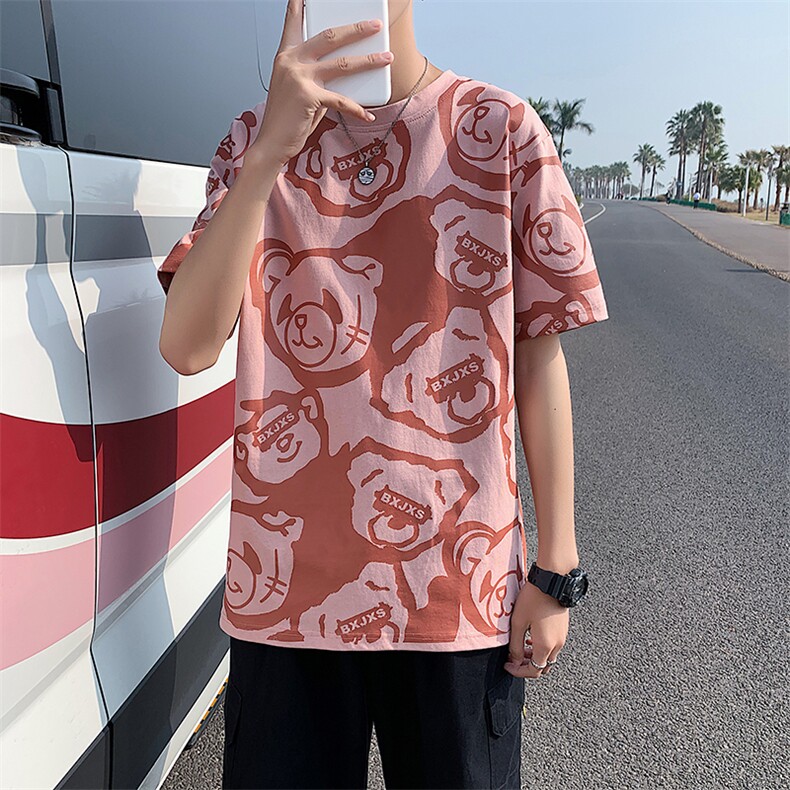 港风小熊印花半袖男夏季ins潮流圆领短袖T恤潮流T129P35控49,男装T恤,电商A089-1