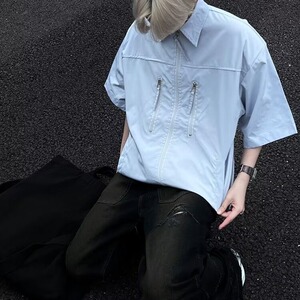 拉链垫肩衬衫男短袖高街夏季浅蓝工装衬衣设计感五分袖CY796-P38图片