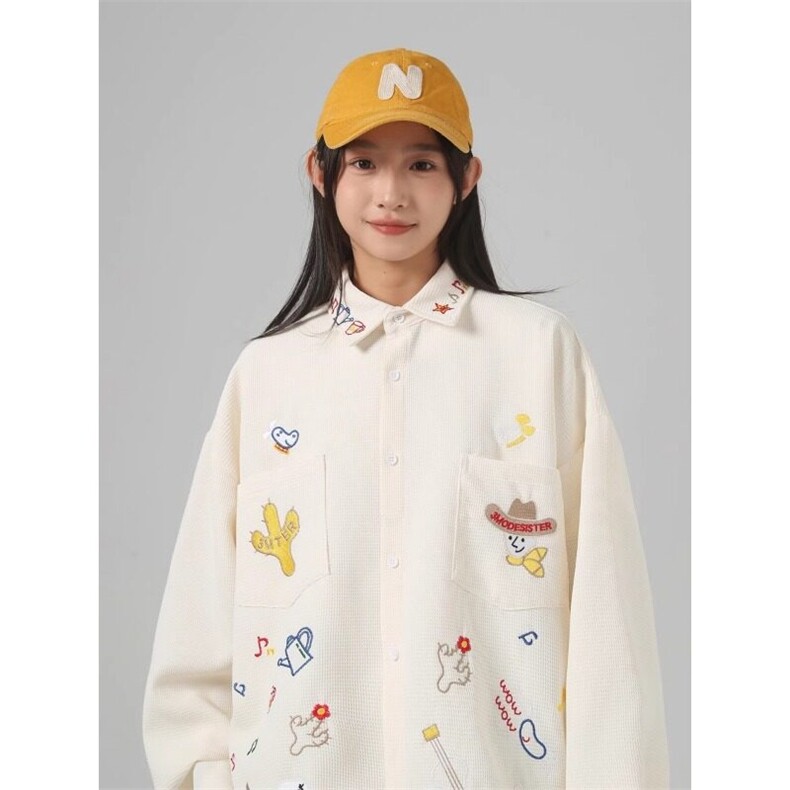 卡通刺绣华夫格长袖衬衫小众设计感宽松休闲，男装衬衫，星座716-2