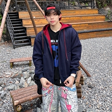 抖音得物二开美式高街重磅结构双层撞色连帽卫衣开衫外套W116，男装卫衣，电商A486