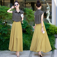 2024夏季新款淑女气质牛仔半裙套装时尚显瘦高腰长裙两件套，女装套装/套裙，魅丽静蓝