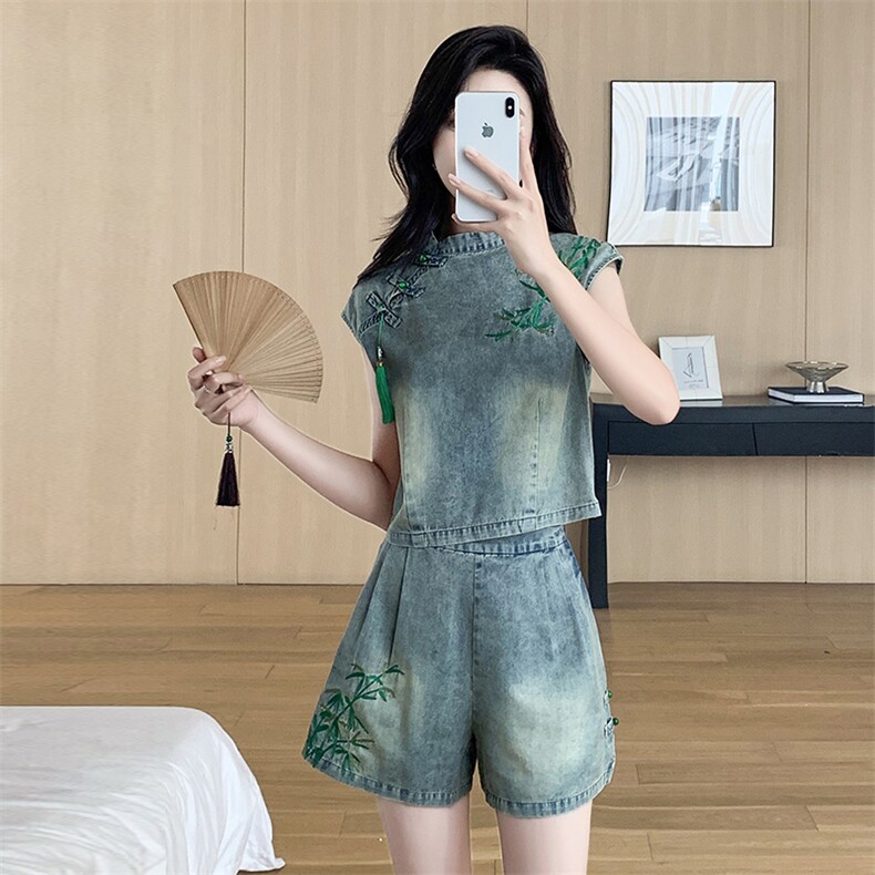 2025夏季新款新中式套装女夏季女装牛仔两件套上衣裤子配送吊坠,女装套装/套裙,关键词