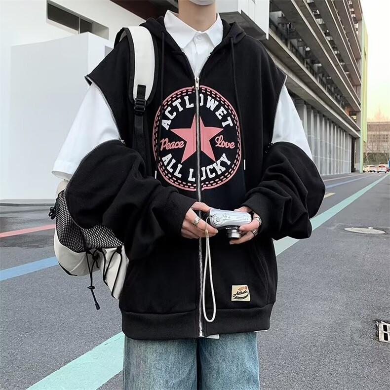 TN2100-P45设计感袖子可拆卸连帽开衫卫衣春季宽松复古帽衫外套,男装卫衣,电商C233