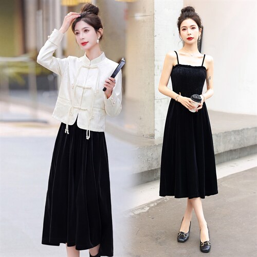 现货新款春秋装复古新中式盘扣外套连衣裙女装气质可组合套装裙，女装套装/套裙，韩美纤衣