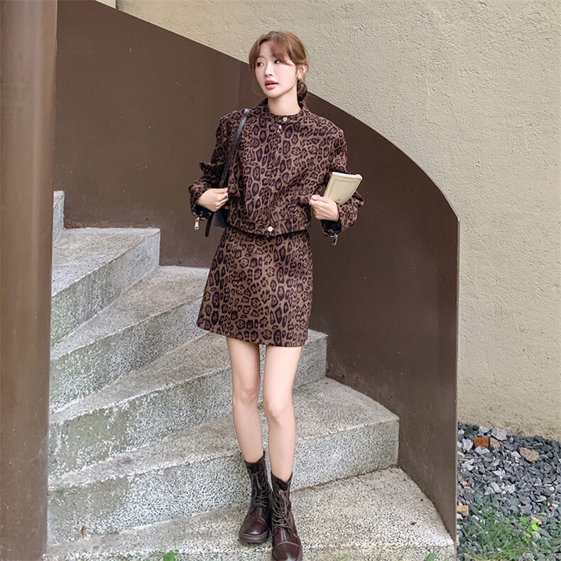 时尚豹纹长袖连衣裙秋季新款显瘦气质女装套装,女装套装/套裙,秋水欣儿