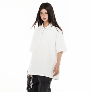 得物抖音二开240克纯棉宽松美式POLO翻领拉链中性风短袖T恤潮图片