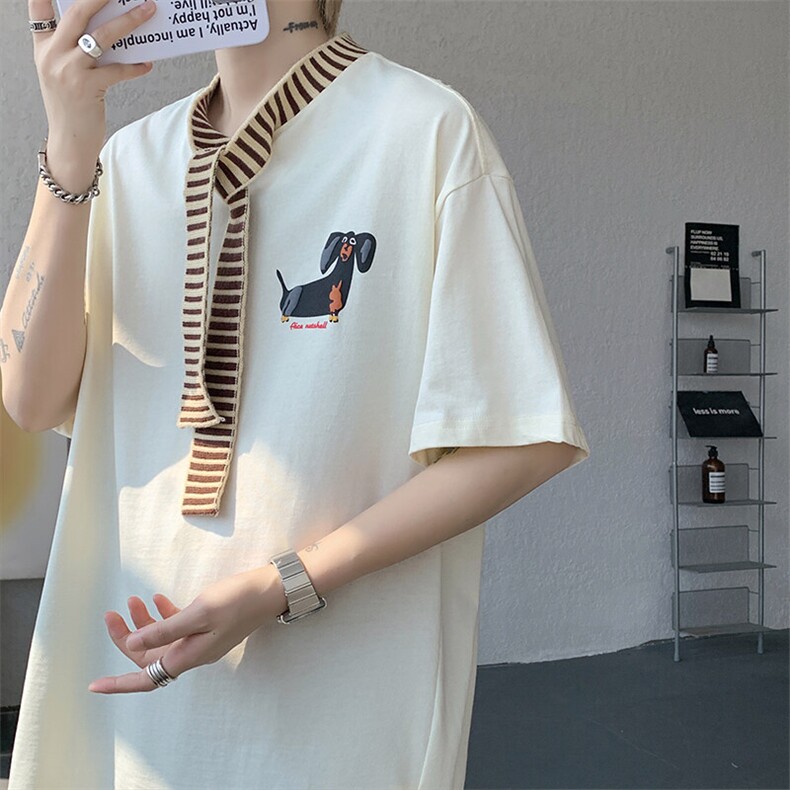 8XL-M纯棉复古拼接假领带设计短袖美式T恤男重工情侣上衣潮DX341,男装T恤,电商D206-1