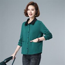 秋季短款外套polo领2021新款修身显瘦单排扣拼色上衣40-49周岁，女装短外套，伊满意