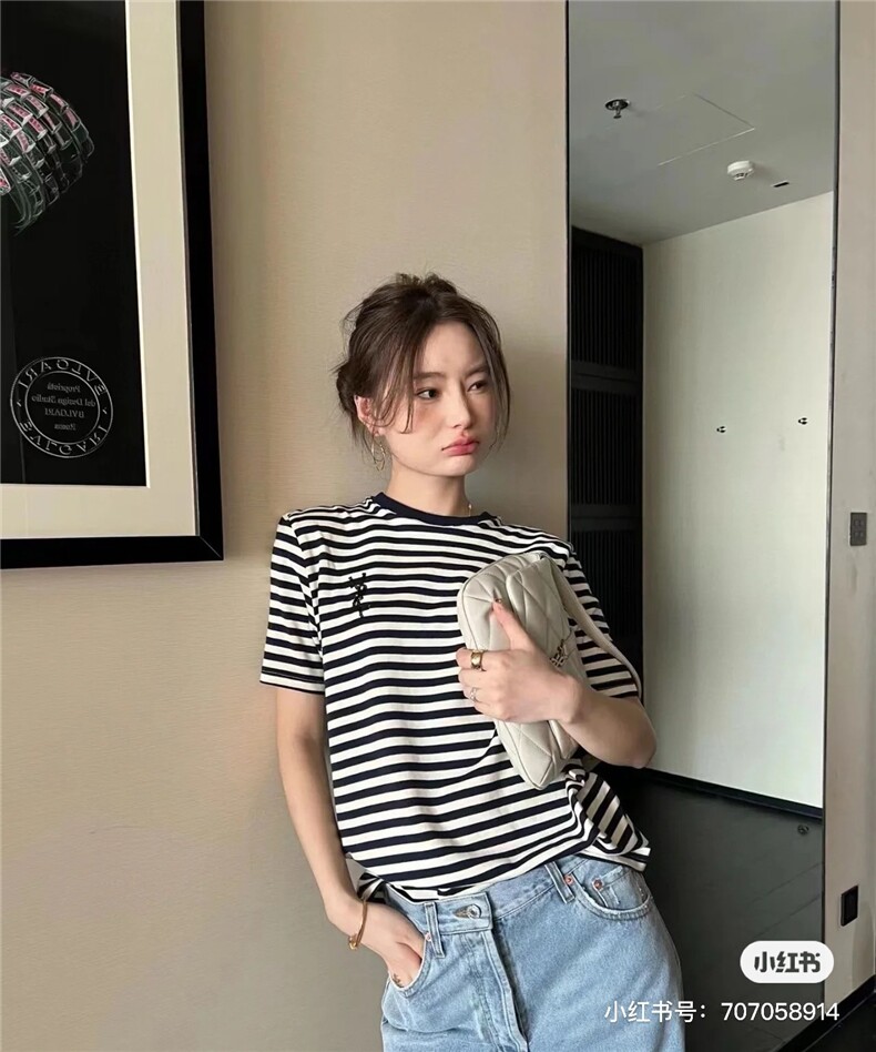 条纹短袖T恤女2025夏季新款圆领百搭显瘦上衣,女装T恤,沐策羊绒
