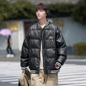 条纹拼接黑色皮棉衣男款冬季加厚美式pu皮棉服潮牌痞帅棒球服外套图片