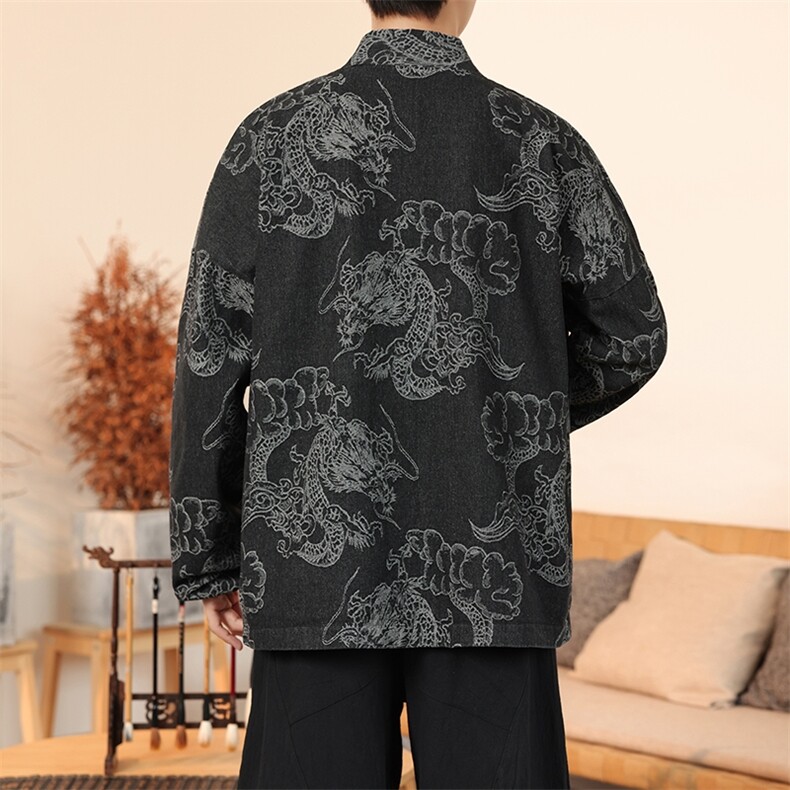 24秋装新中式牛仔道袍龙纹唐装日系风外套潮汉服H335/P110,男装工装外套,电商A221A