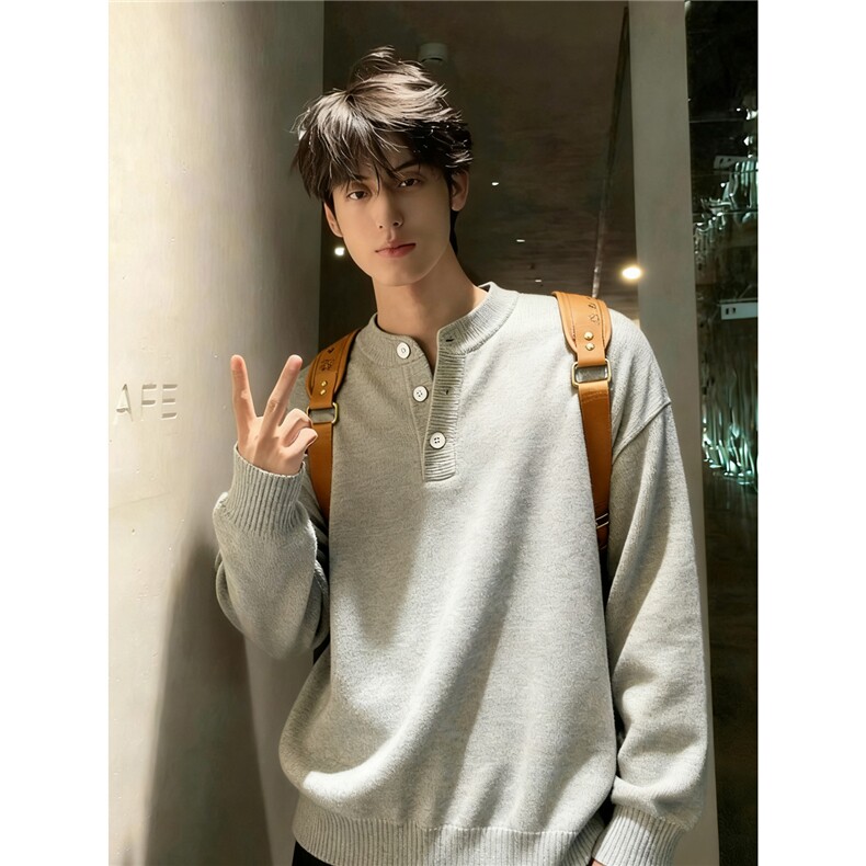cleanfit灰色亨利领毛衣男款秋冬美式复古针织衫内搭慵懒风打底衫图片