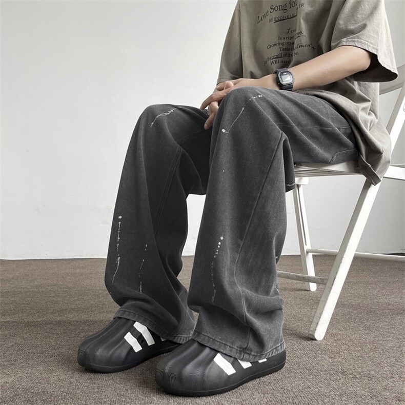 复古牛仔裤男潮牌泼墨宽松阔腿长裤高街直筒裤子K880-特批-40,男装牛仔裤,星座718-1