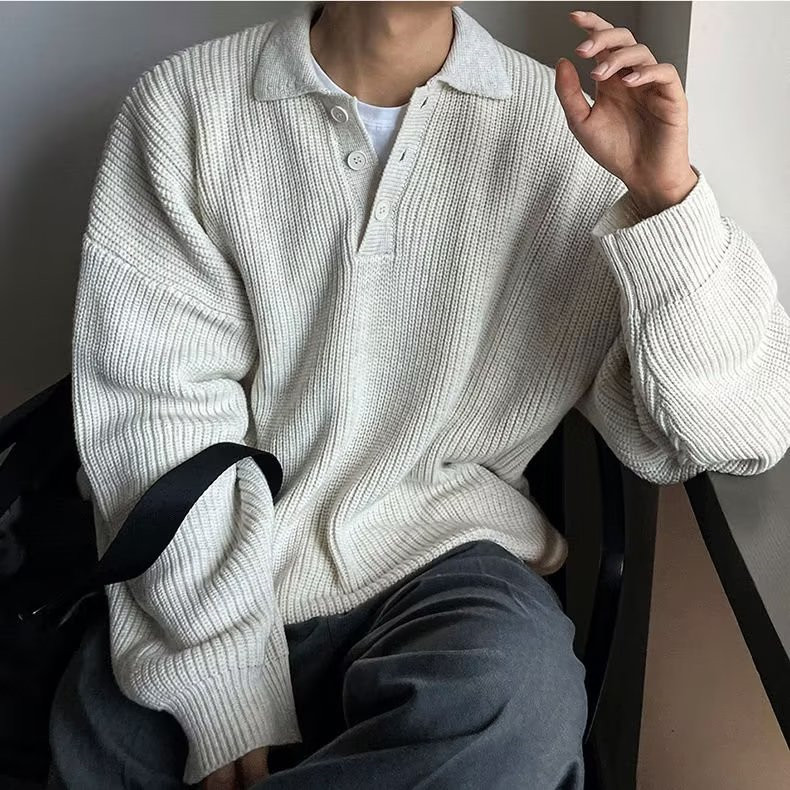 日系慵懒风polo领毛衣卫衣男复古翻领毛衣套头针织衫秋 M34图片