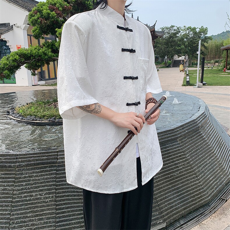 提花中山唐装小众夏复古盘扣短袖开衫男风高级上衣C04520-P45，男装民族服装，星座308B-2