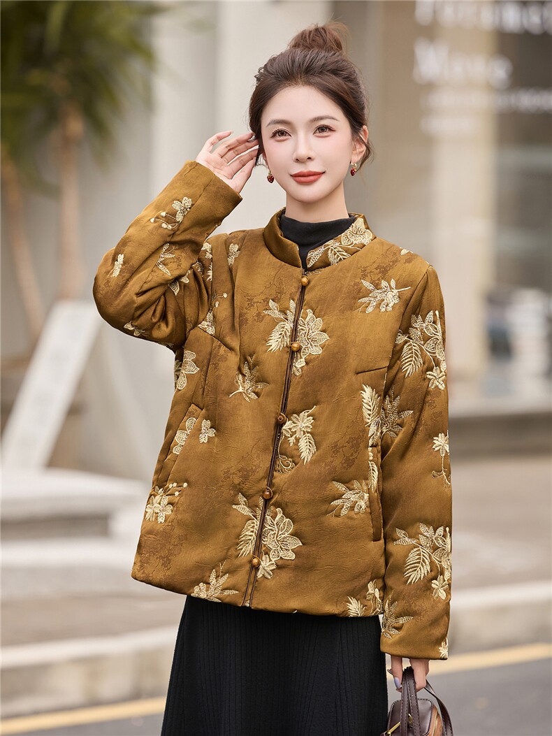 现货秋冬季薄棉绣花棉衣新中式复古洋气棉袄时尚潮流,女装棉衣/棉服,木橙西子