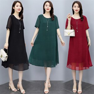 （现货）时尚显瘦大码女装夏季新款圆领宽松纯色短袖中长款连衣裙,女装大码女装,深妍伊美