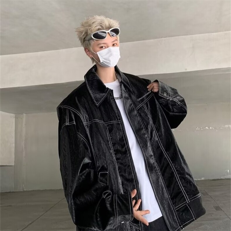 春秋韩系夜店风PU皮夹克男高街时尚廓形皮衣外套男士潮W190/P98,男装夹克,星座506