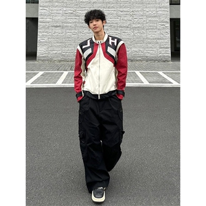 欧美hiphop拼接皮衣外套高级感痞帅炸街机车服夹克 JK106 特P83图片