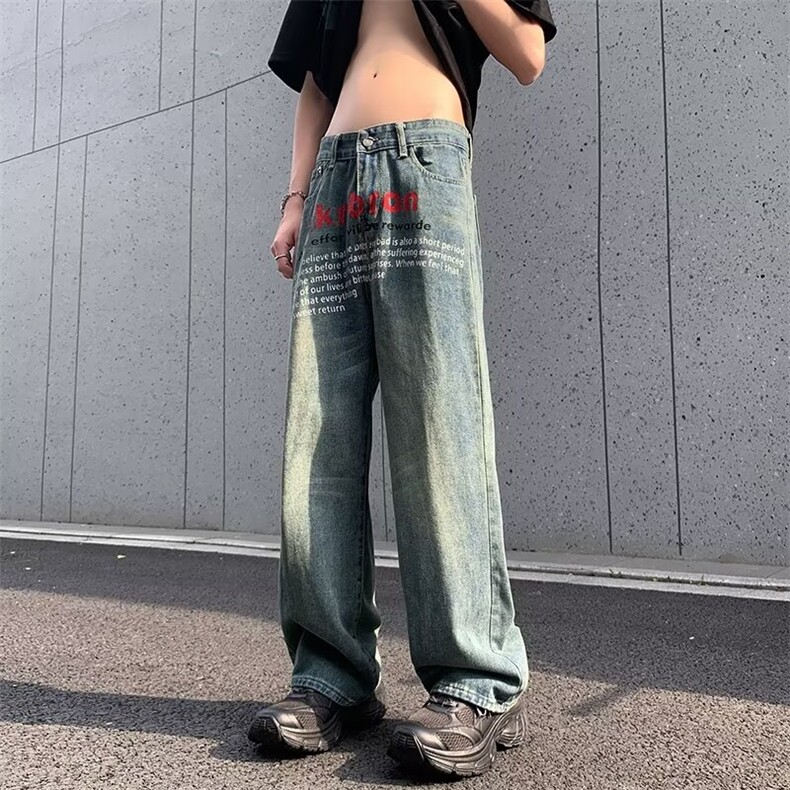 美式复古水洗做旧印花牛仔裤男宽松设计感直筒裤子6087-P48,男装牛仔裤,星座1001-1