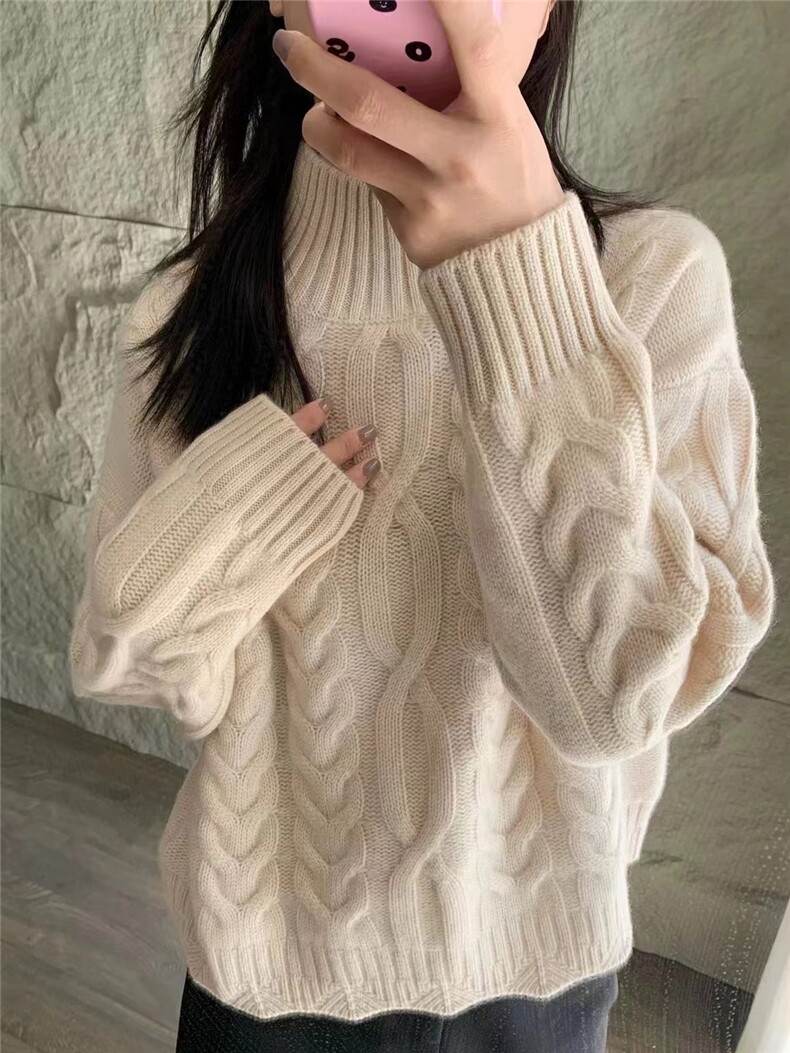 高领麻花毛衣女秋冬加厚高级感宽松慵懒风短款针织衫冬季上衣,针织衫/毛衣,半城羊绒