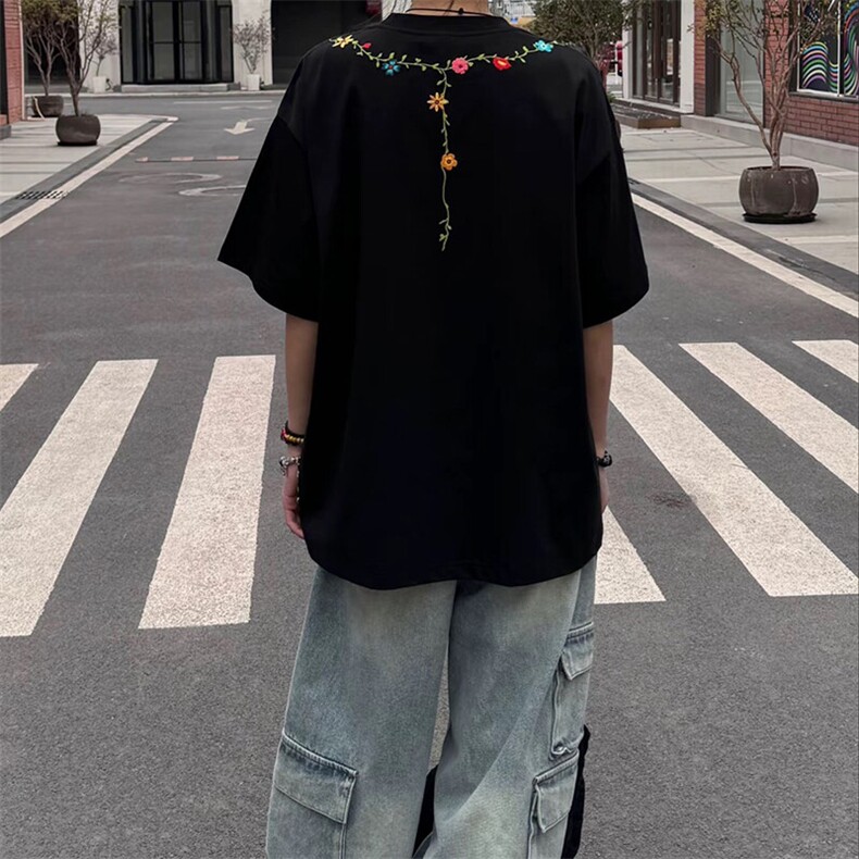 万针全刺绣工艺抖音得物高品质260克重磅纯棉双纱美式高街短袖T恤,男装T恤,电商A486