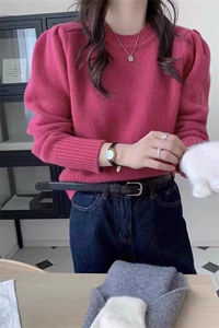 高品质~秋季新款衫女毛衣泡泡袖宽松收腰显瘦针织打底羊毛衫图片