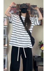 黑白条纹冰丝短袖t恤男款夏季薄款美式复古宽松落肩圆领半袖上衣，男装T恤，电商A007