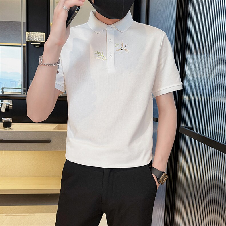 主推款2025夏季新款仙鹤印花风短袖T恤翻领Polo衫男T6077-P48,男装T恤,电商D342