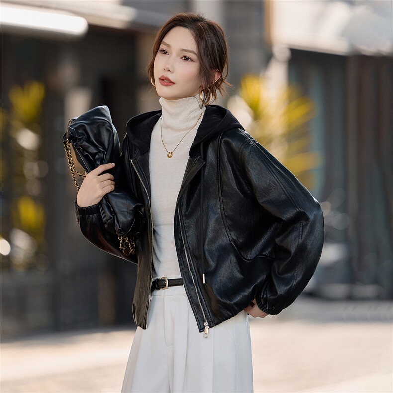 【大量现货】秋季女装新款时尚休闲连帽宽松高级感短款皮衣外套,女装皮衣,魅衣本色