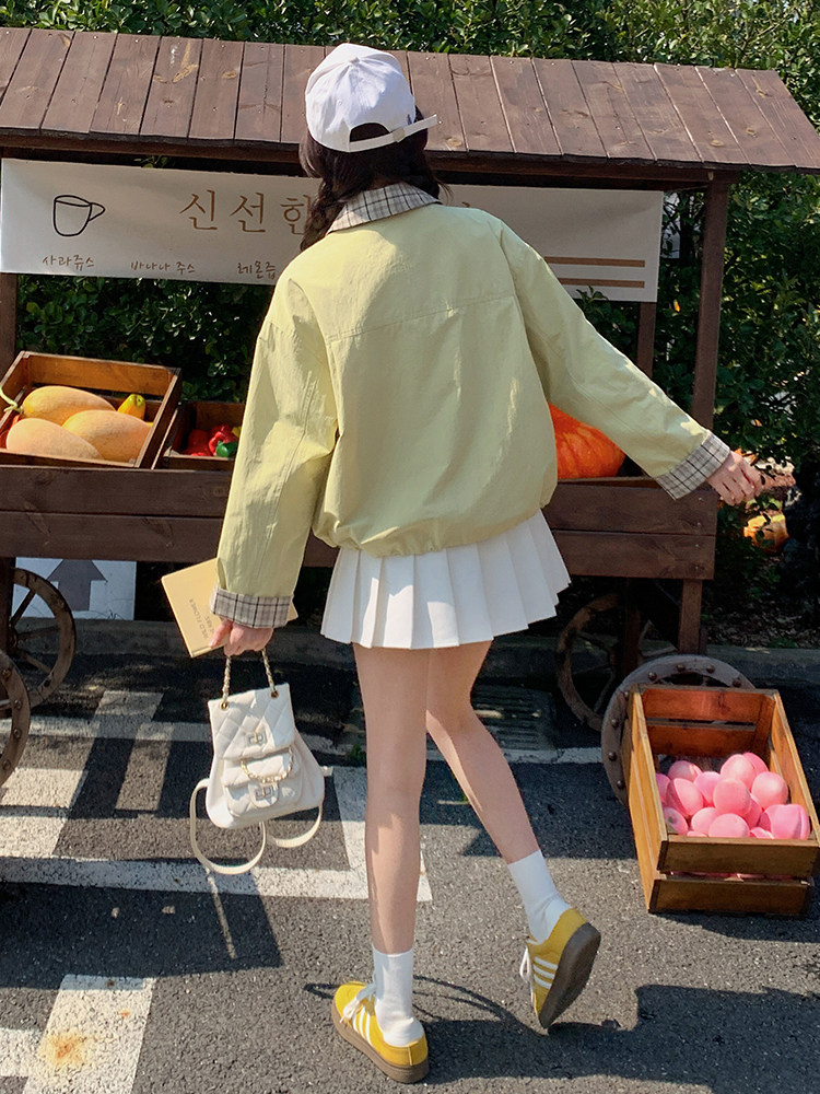 现货韩版时尚假两件短外套女洋气春秋季新款小个子显瘦工装夹克,女装短外套,韩蔻秀