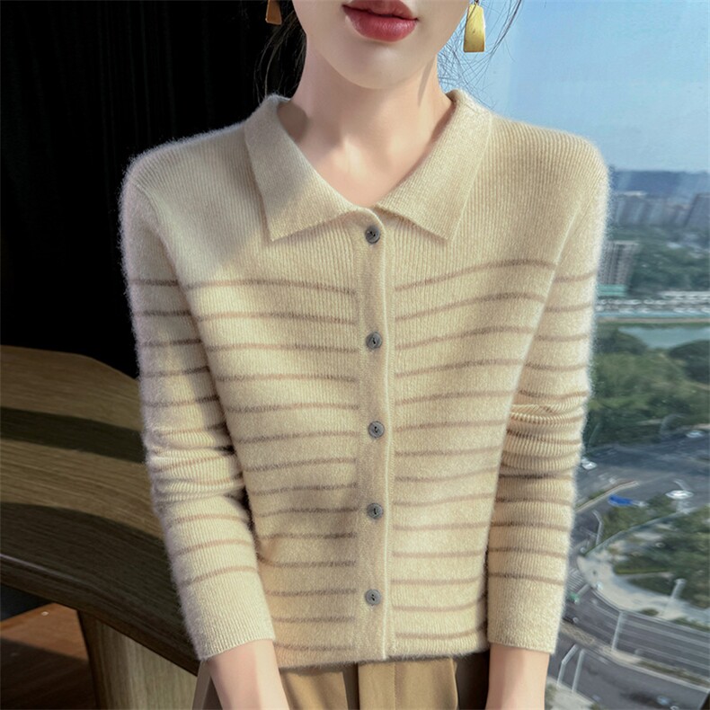 POLO领条纹山羊绒开衫女拼色针织长袖外套毛衣宽松休闲羊毛衫外搭，女装羊绒衫，更慕羊绒