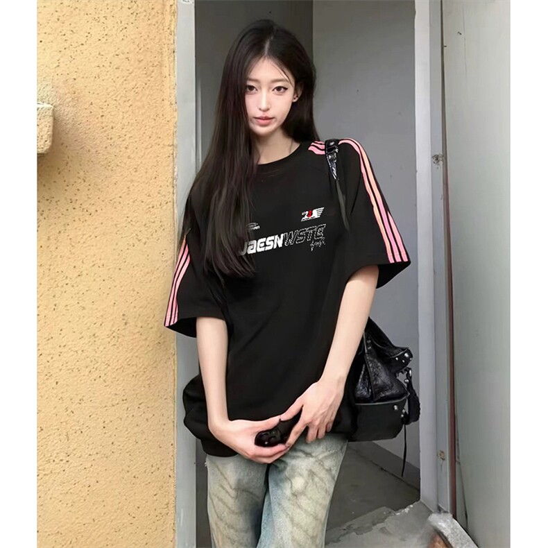 抖音得物品质二开240克宽松纯棉美式潮牌印花三条杠中性风短袖T恤，男装T恤，电商A486