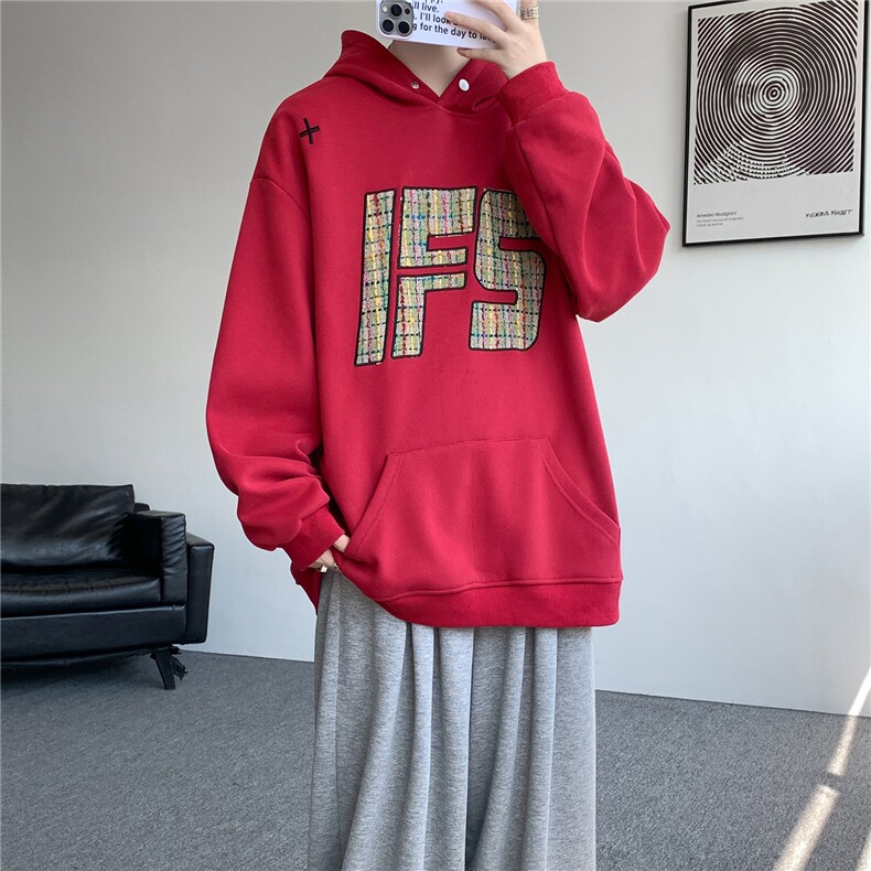 重磅贴布刺绣卫衣大码春秋连帽衫硬挺外套美式休闲上衣WY9108/P65图片