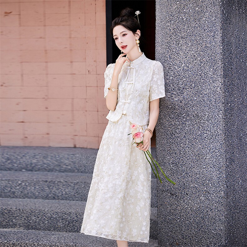 新中式国风亮片刺绣套装裙女2024夏新款流行爆款改良旗袍绝美裙子,女装套装/套裙,采品优优