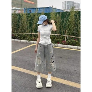夏季小狗刺绣牛仔短裤男女潮流宽松直筒阔腿破洞七分裤LA3377-P50图片