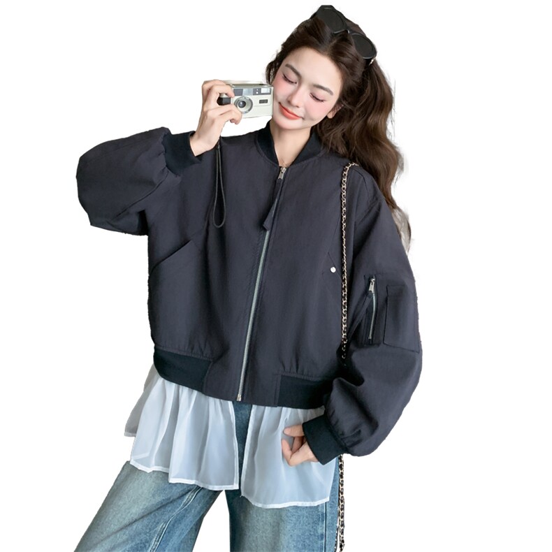 2026新款藏青色棒球服拼接网沙可脱卸夹克外套,女装短外套,纯色衣恋
