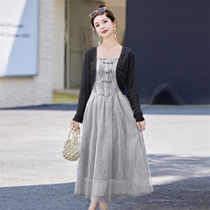 《现货新品》多色可选时尚休闲针织短外套复古连衣裙两件套，女装套装/套裙，曼琳思菲