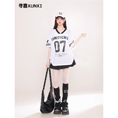 T199-P36美式街头复古V领7号球衣短袖夏季透气网眼篮球运动T恤，女装T恤，电商B323A