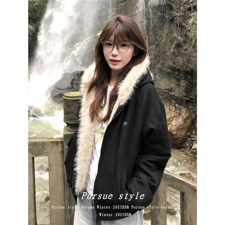 【量大价格可谈】美式复古毛领开衫连帽情侣棉袄外套SM8809P100,女装短外套,星座1112-1